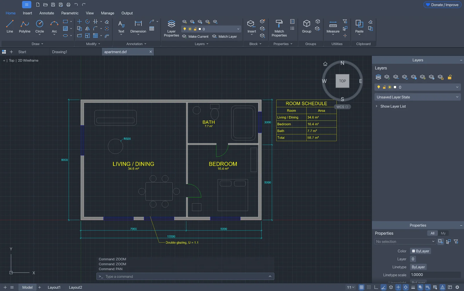 CADaddy with an apartment floor plan open: an AutoCAD-style ribbon, hatched walls, door swings, room labels, a room schedule table and dimensions, with the Layers and Properties palettes on the right and the command line at the bottom.