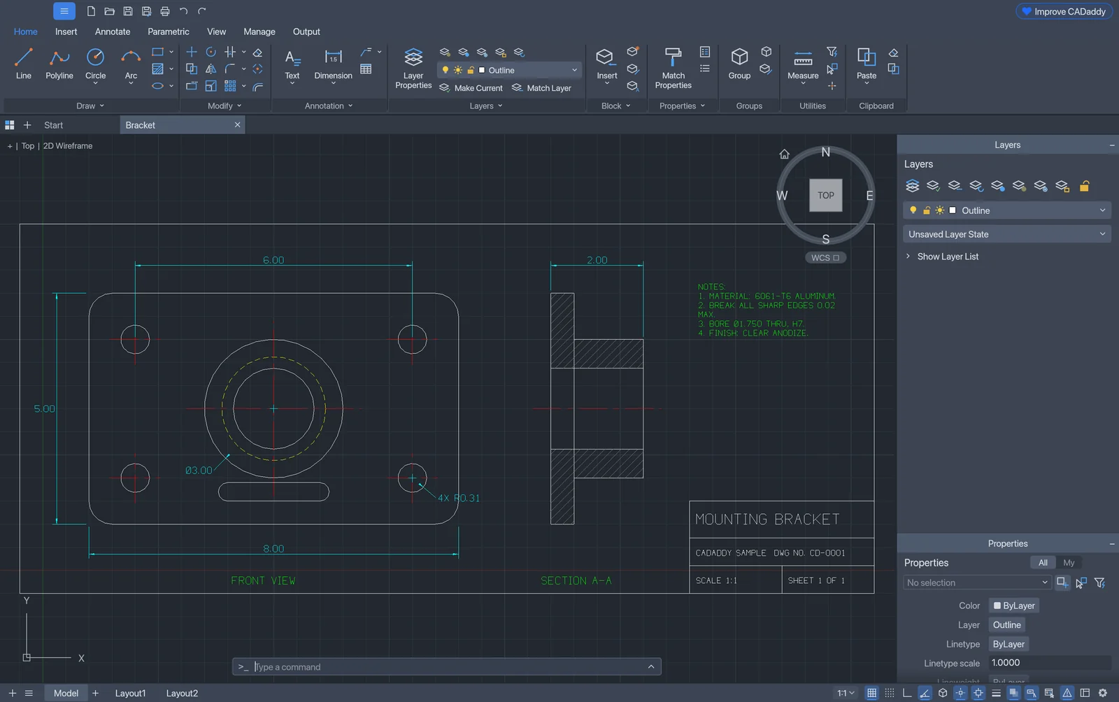 CADaddy with a machined bracket drawing open: front and side views, dimensions, centre lines, a hatched section and notes.