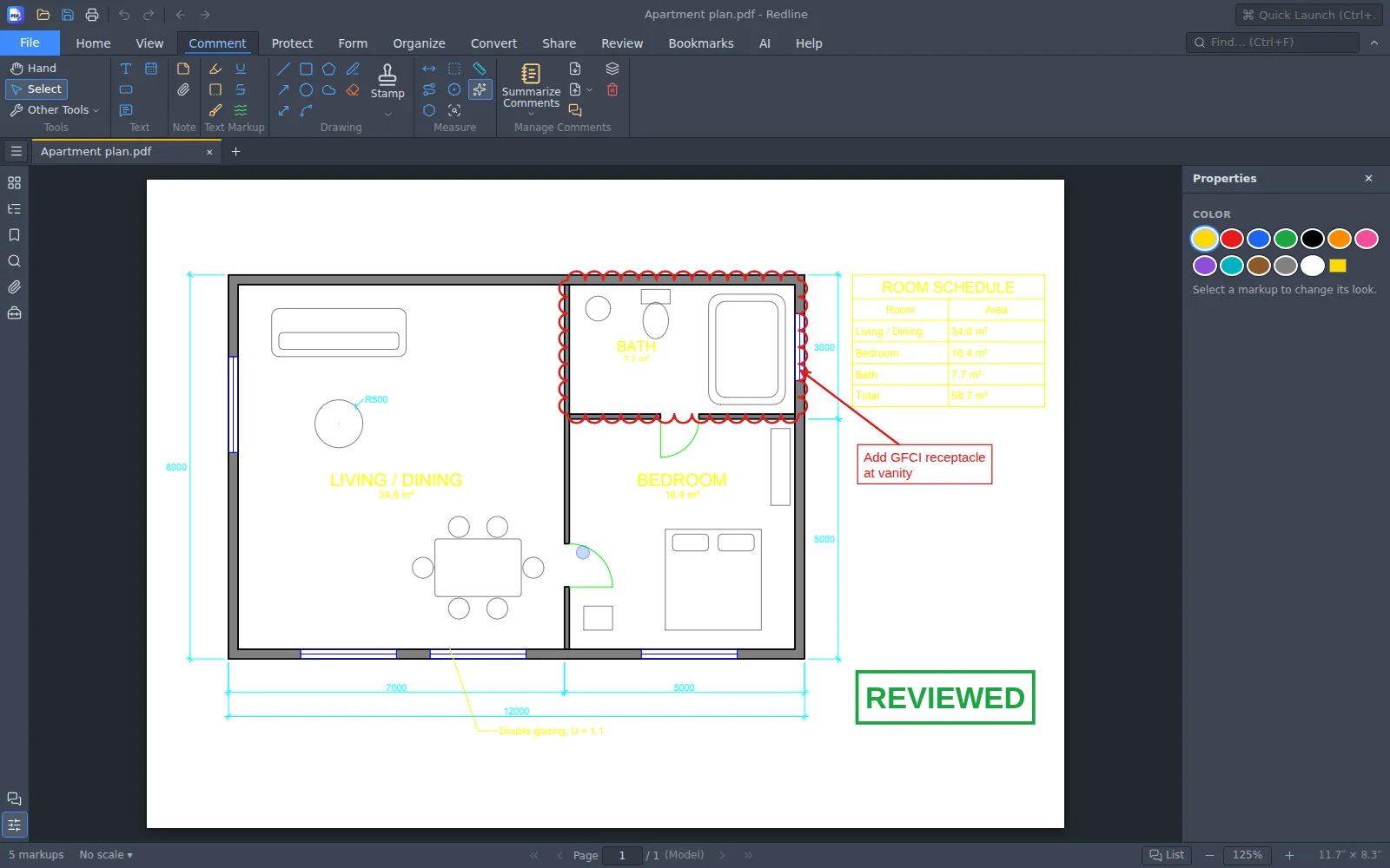 Redline with the apartment plan exported from CADaddy: the bath clouded in red, an arrow and a note reading 'Add GFCI receptacle at vanity', and a green REVIEWED stamp.